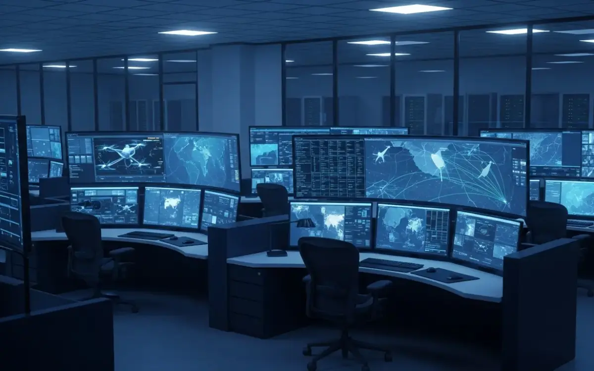 Analistas en centro de fusión de inteligencia verifican vídeos y mapas satelitales de drones