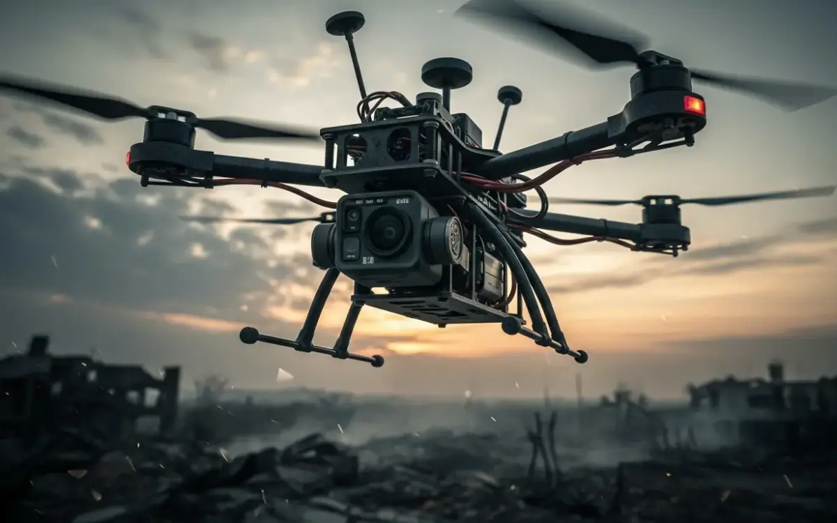 Dron FPV militar sobrevolando zona de conflicto al atardecer, vigilancia y tensión.