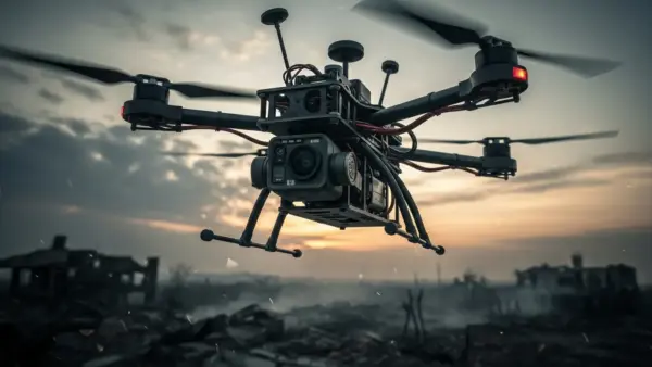 Dron FPV militar sobrevolando zona de conflicto al atardecer, vigilancia y tensión.