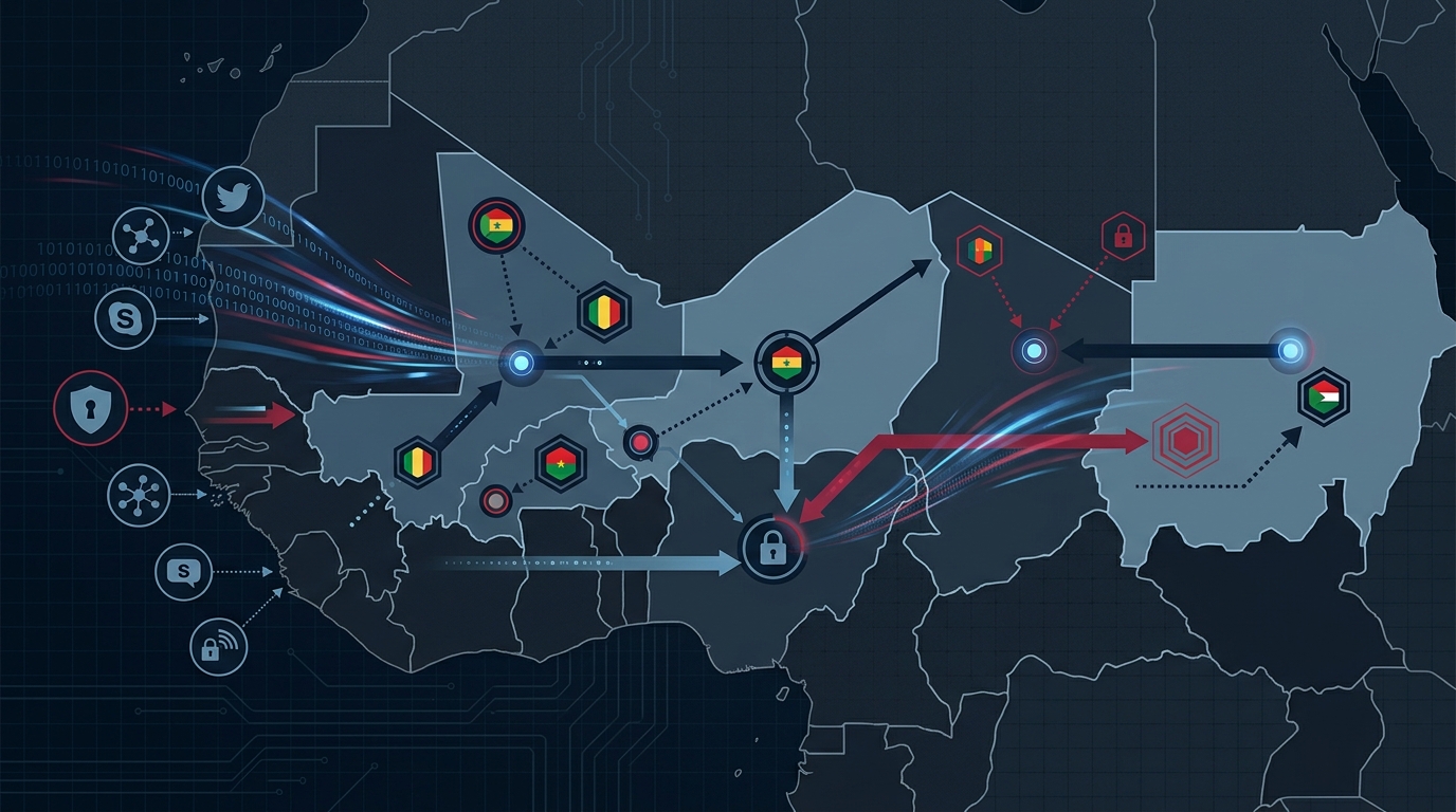 Mapa de flujos de desinformación hacia el Sahel: redes sociales, nodos digitales y conexiones estratégicas.