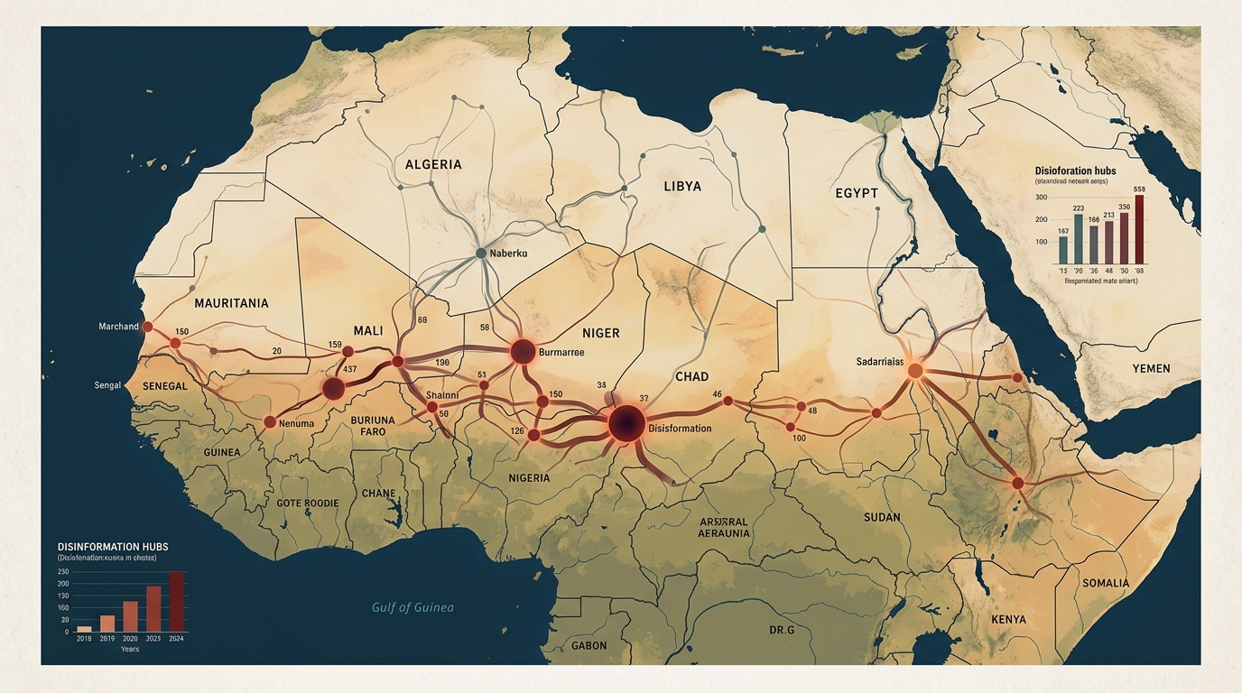 Mapa de flujos de desinformación en Sahel tras retirada francesa 2022, redes y nodos digitales.