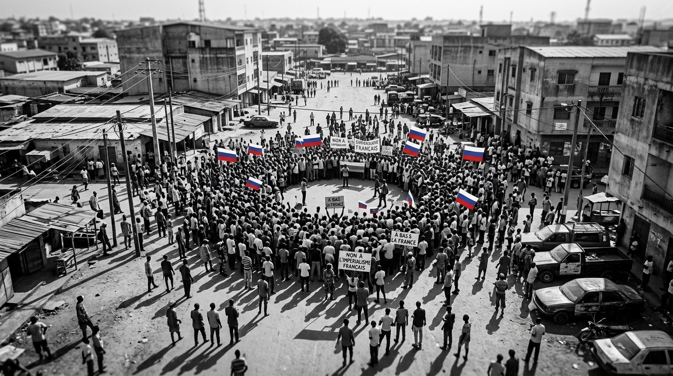 Manifestación en África Occidental con banderas rusas y consignas antifrancesas, documentación de operación de influencia.