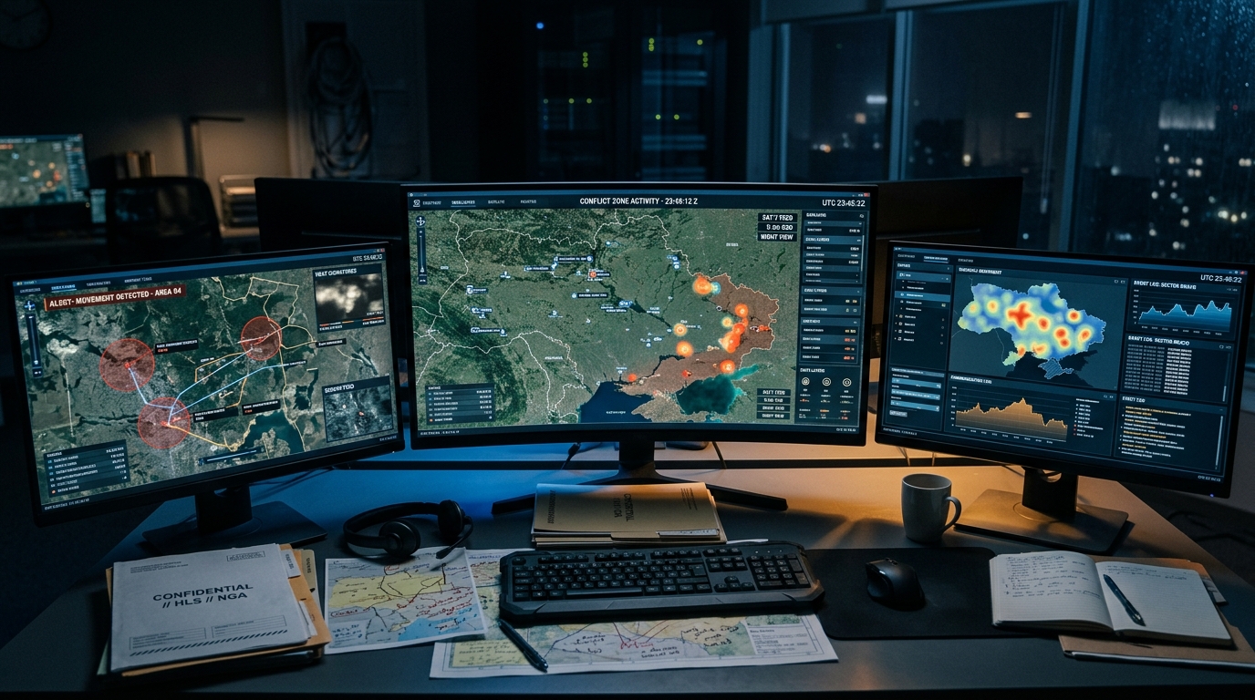 Analista OSINT monitoreando datos geoespaciales en tiempo real durante operación de inteligencia.