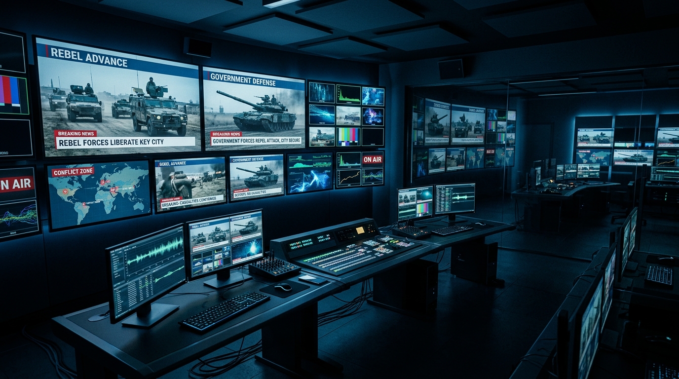 Centro de control de medios con titulares contradictorios sobre conflicto militar, gestión narrativa de crisis.