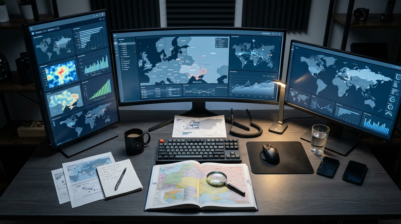 Analista OSINT verificando fuentes en múltiples pantallas con mapa mundial y herramientas de inteligencia.